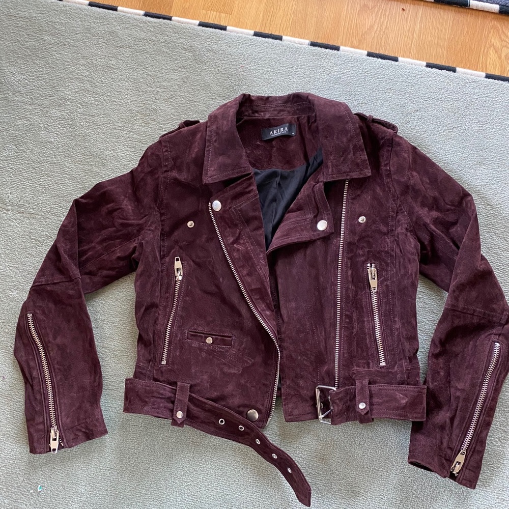 Akira Real Leather/Suede Maroon Moto Jacket